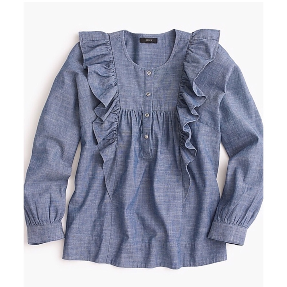 NWT J crew blue ruffle front chambray blouse shirt top - Picture 3 of 8